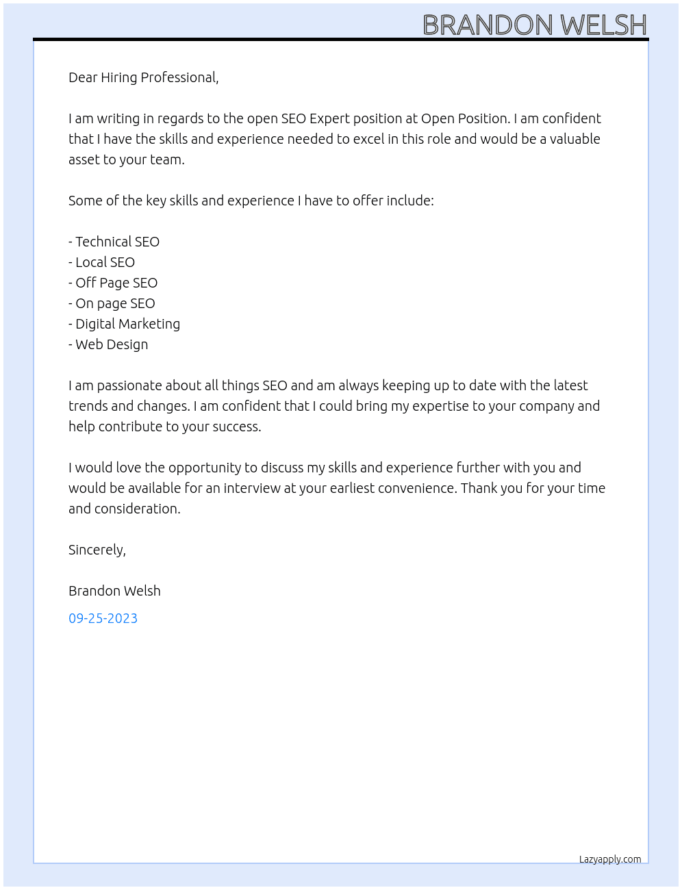 SEO expert At Open Position  Cover Letter
