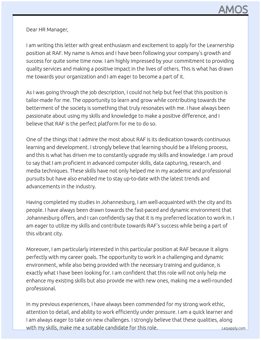 Learnership At RAF Cover Letter