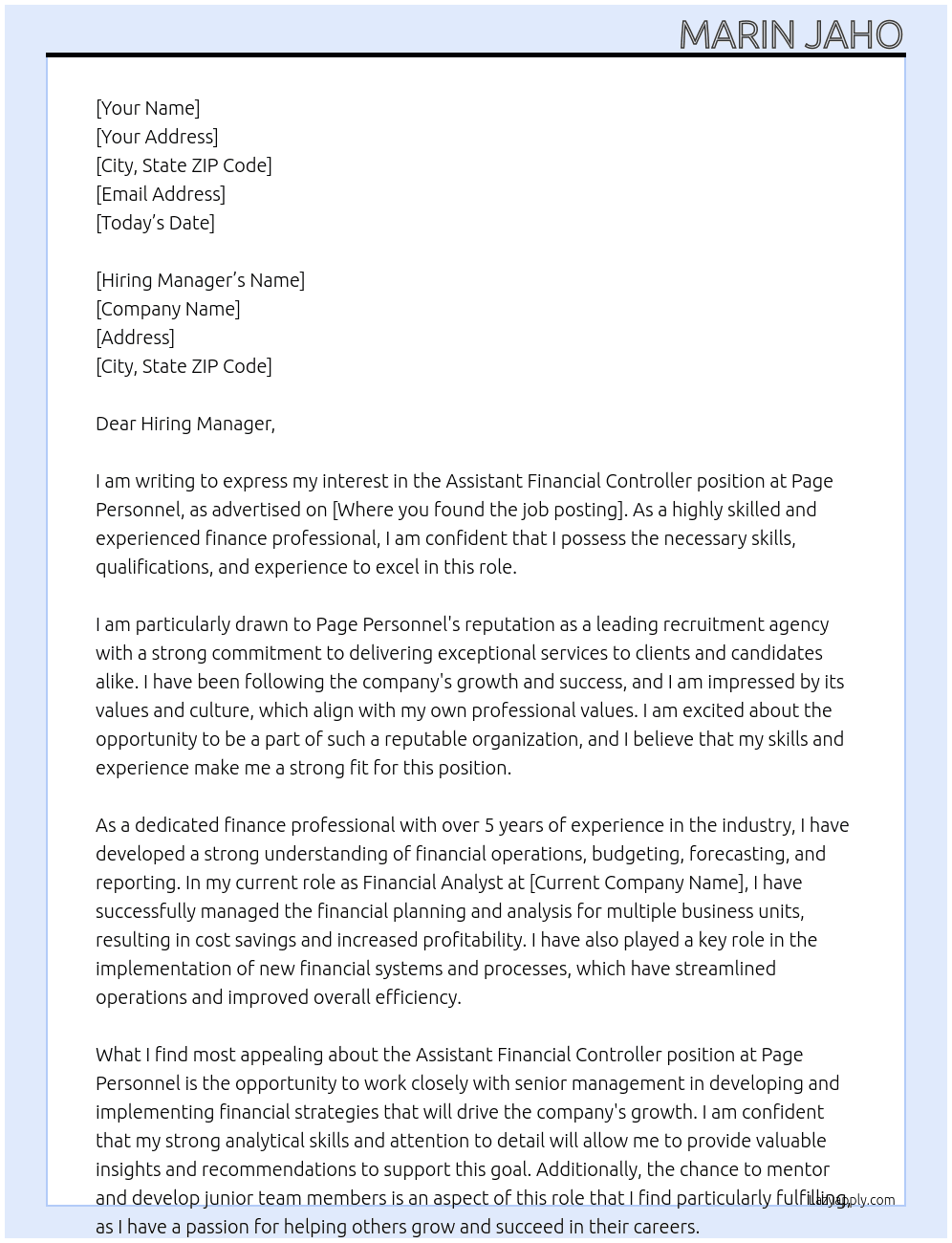 Assistant Financial Controller At Page Personnel Cover Letter