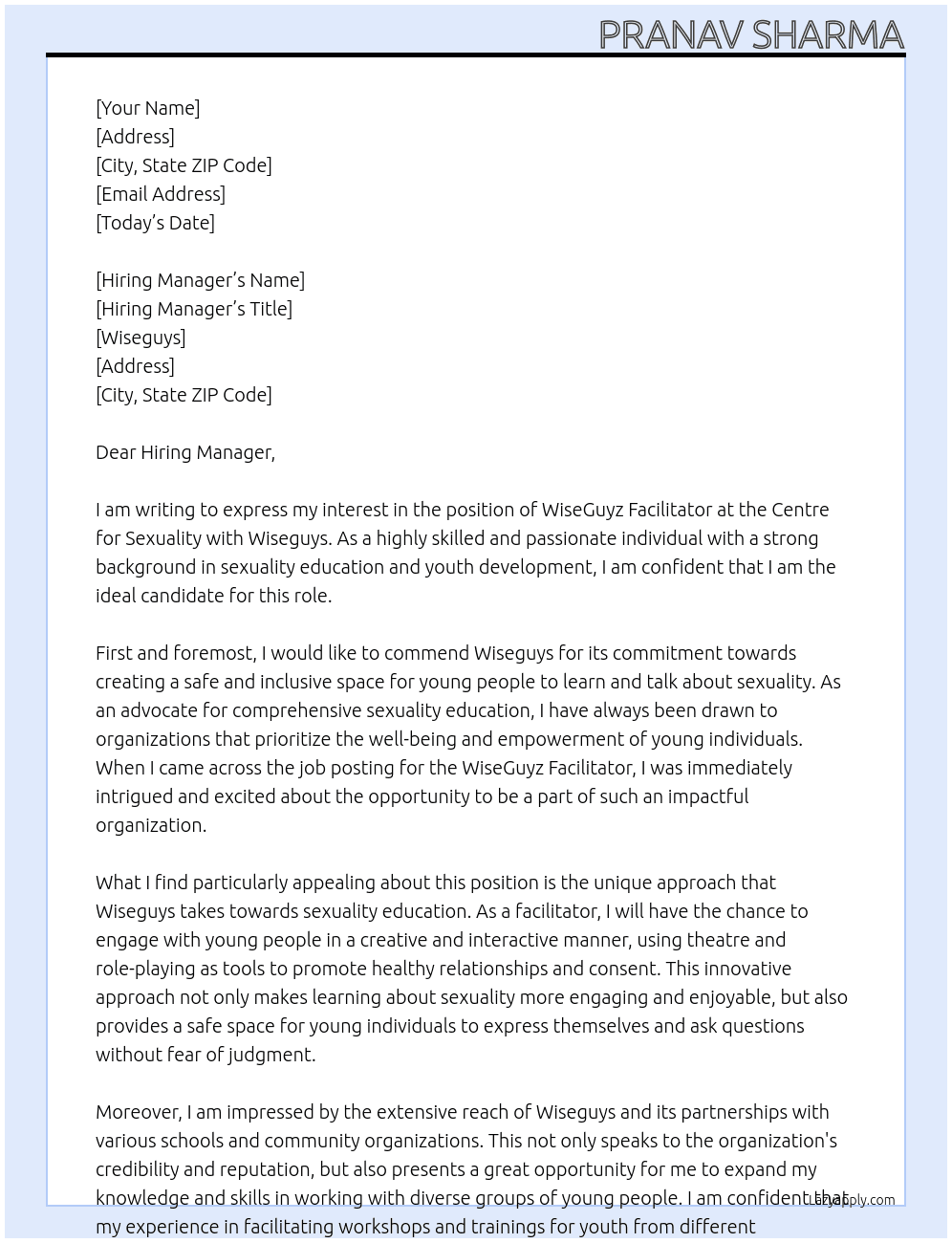 WiseGuyz Facilitator, Centre for Sexuality At Wiseguys  Cover Letter