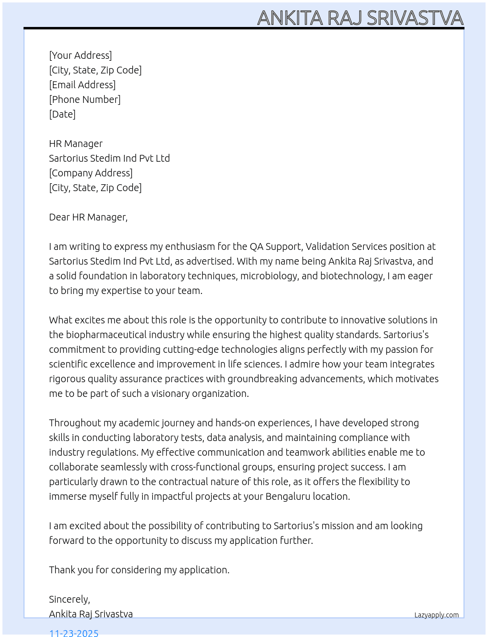Cover letter for application for qa support,validation services - LazyApply