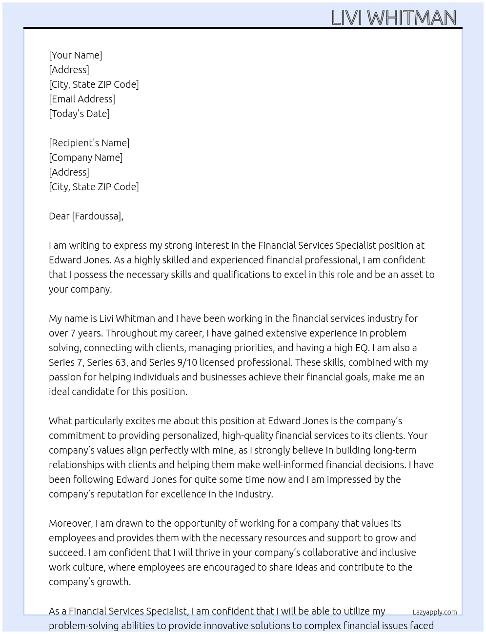Financial Services Specialist  At Edward Jones  Cover Letter