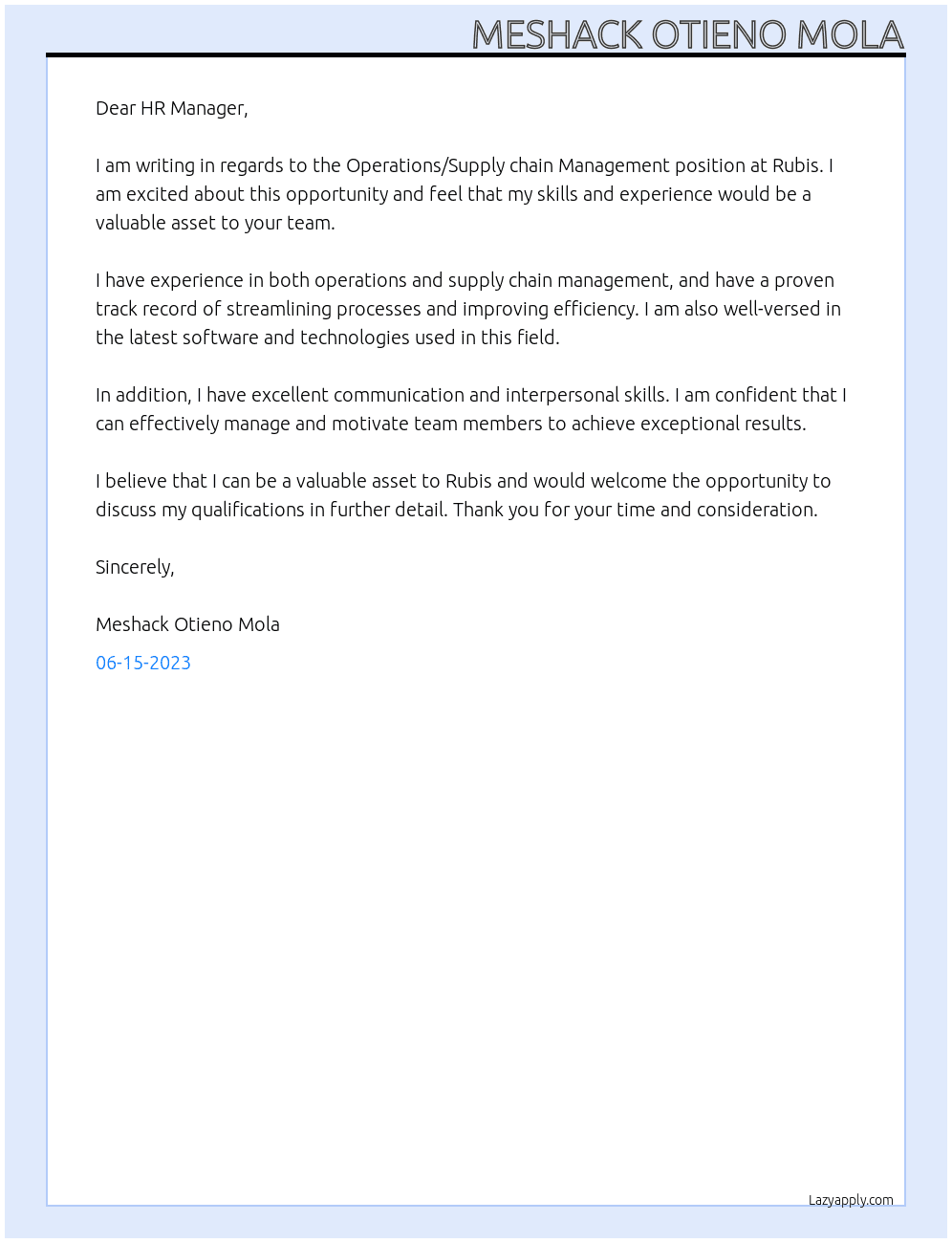 Operations/Supply chain Management At Rubis Cover Letter