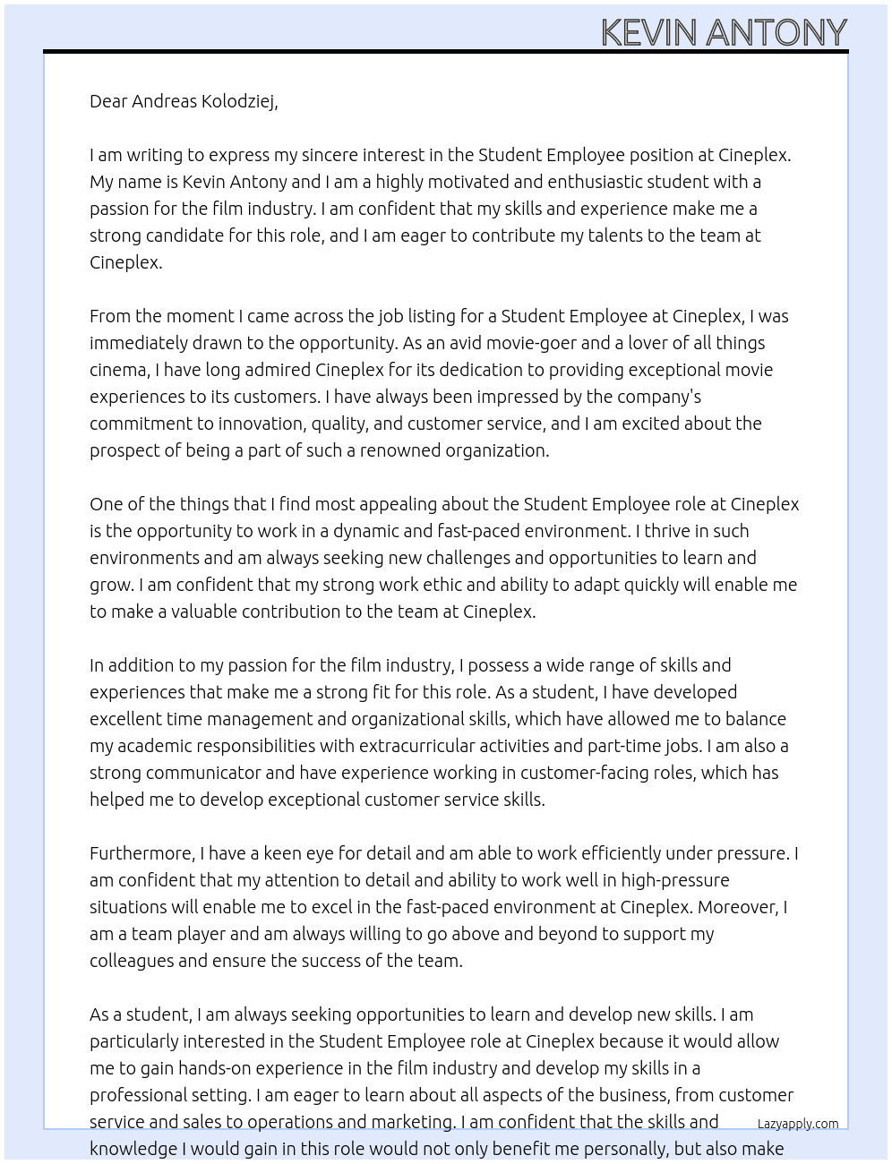 Student employee At Cineplex Cover Letter