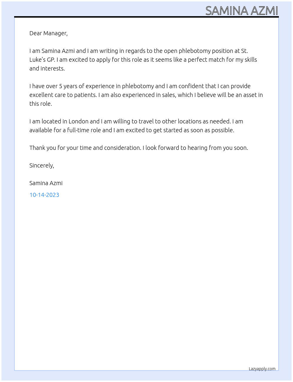 phlebotomy At st lukes gp Cover Letter