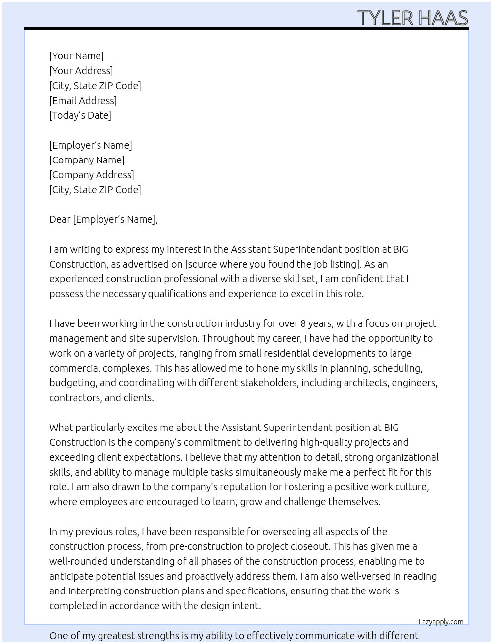 Assistant Superintendant At BIG Construction Cover Letter