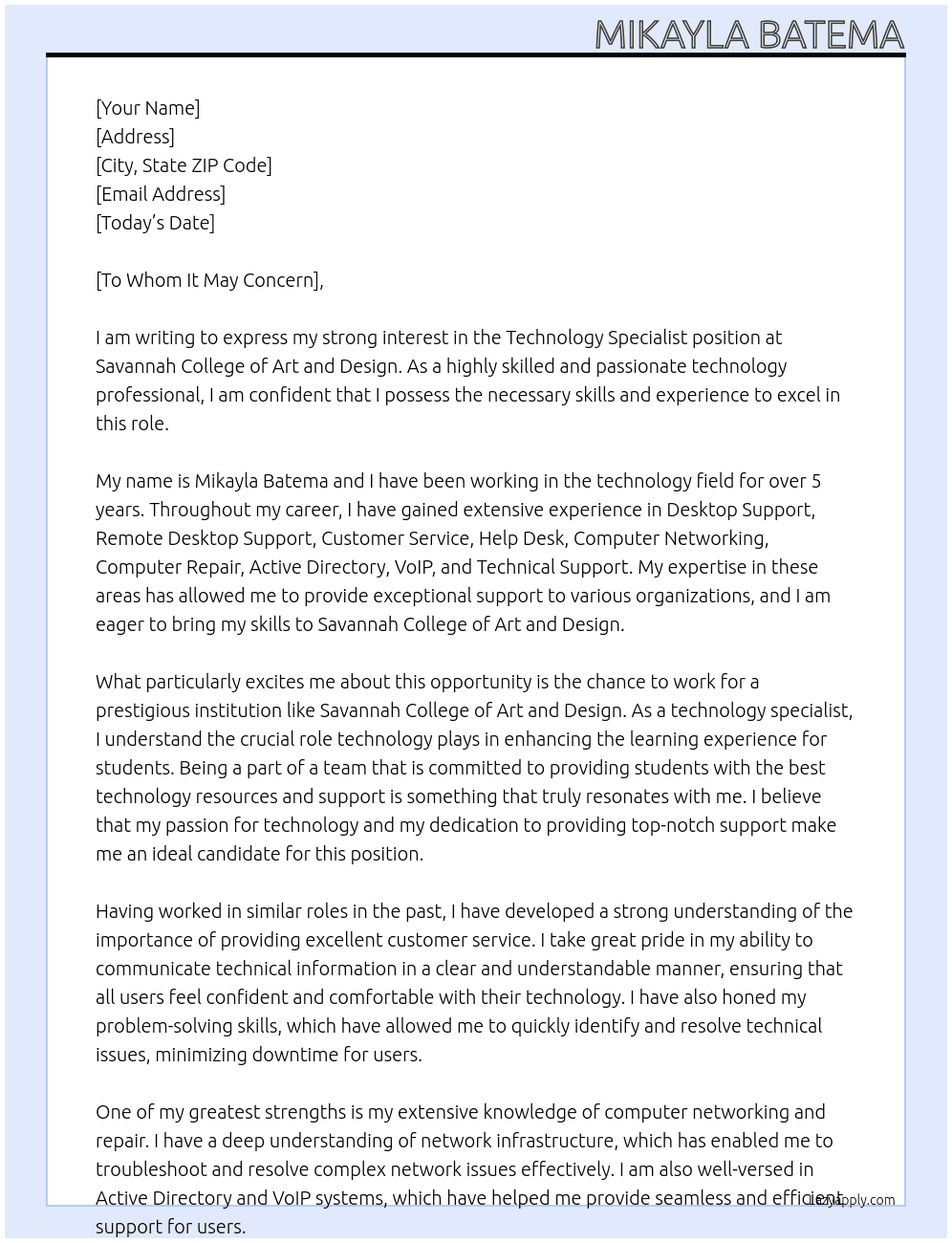 Technology Specialist At Savannah College of Art and Design Cover Letter