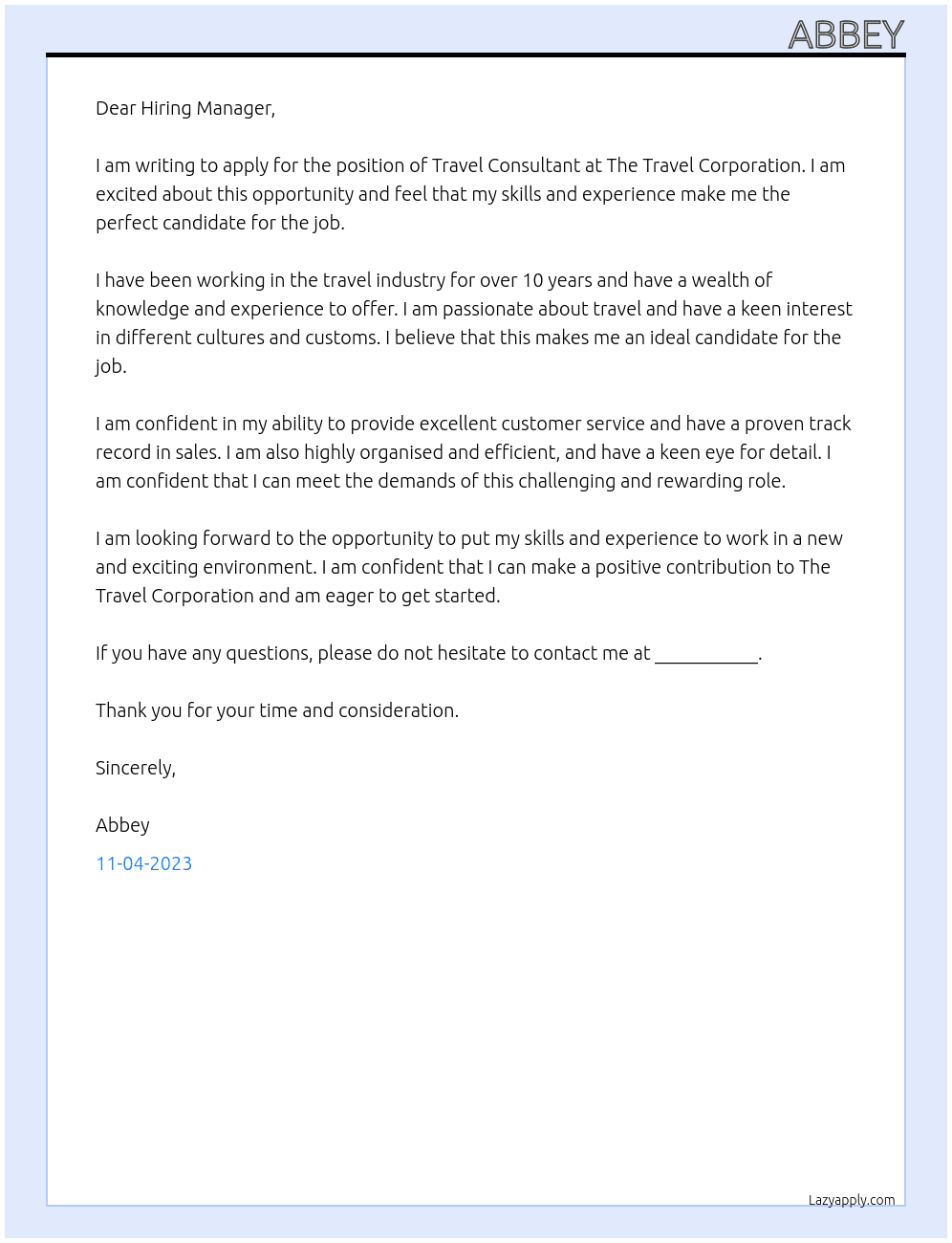Travel Consultant At The Travel Corporation Cover Letter