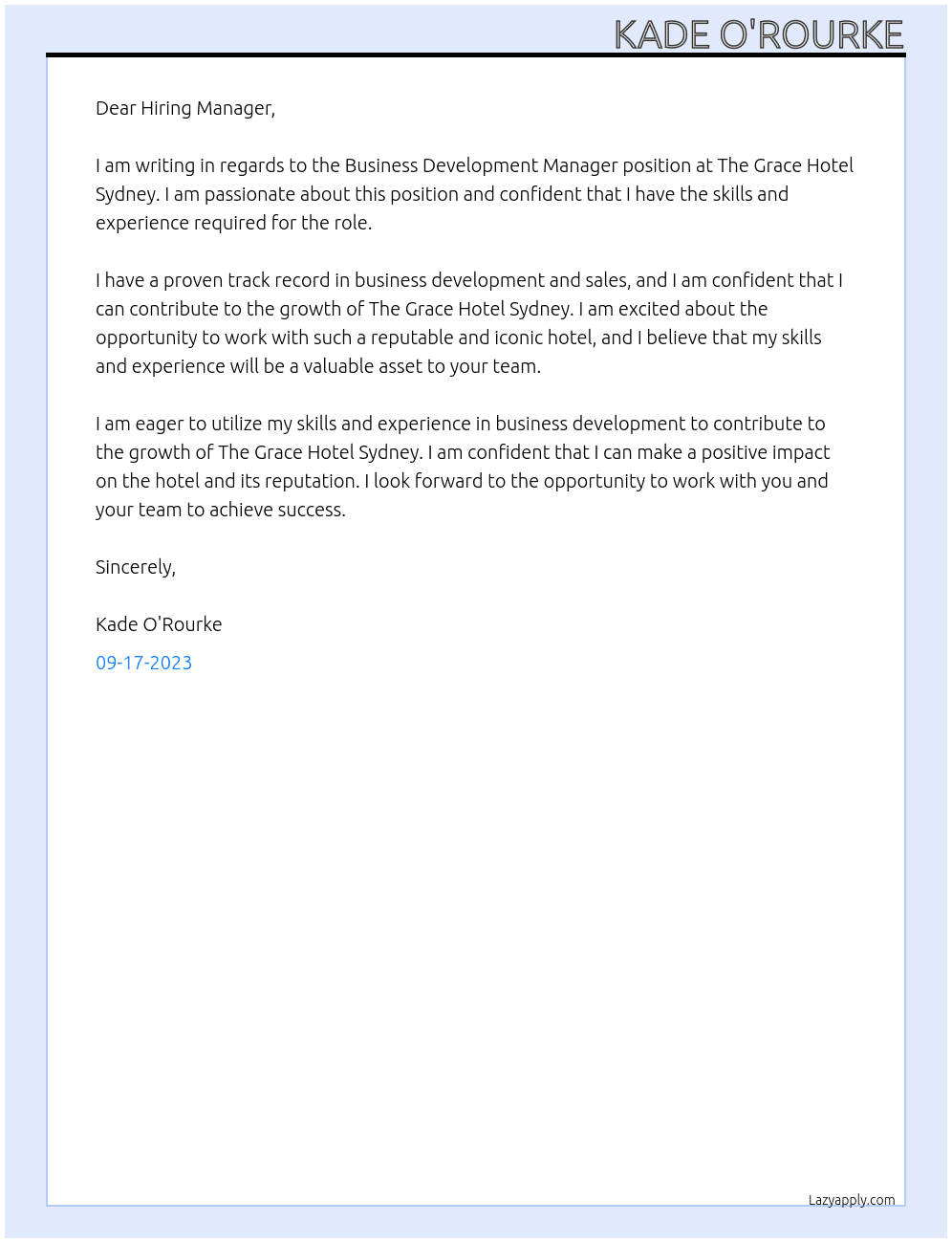 Business Development Manager At The Grace Hotel Sydney Cover Letter