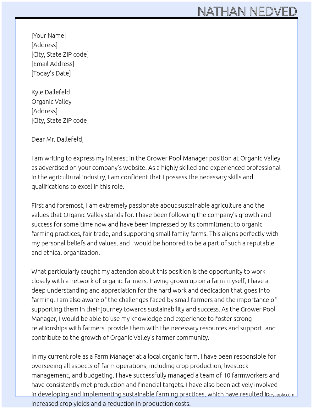 Cover letter for grower pool manager - LazyApply