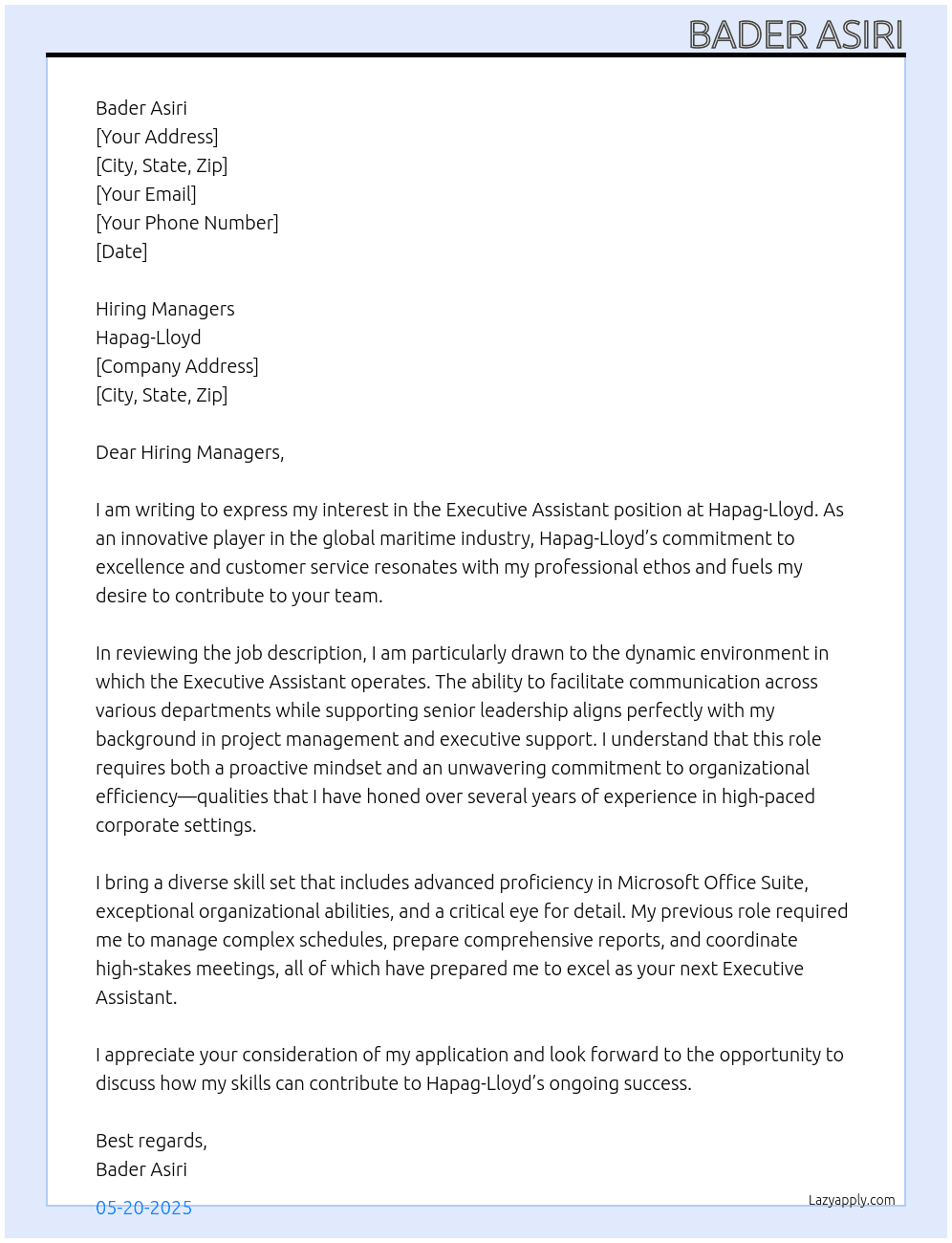Executive Assistant At Hapag-Lloyd Cover Letter