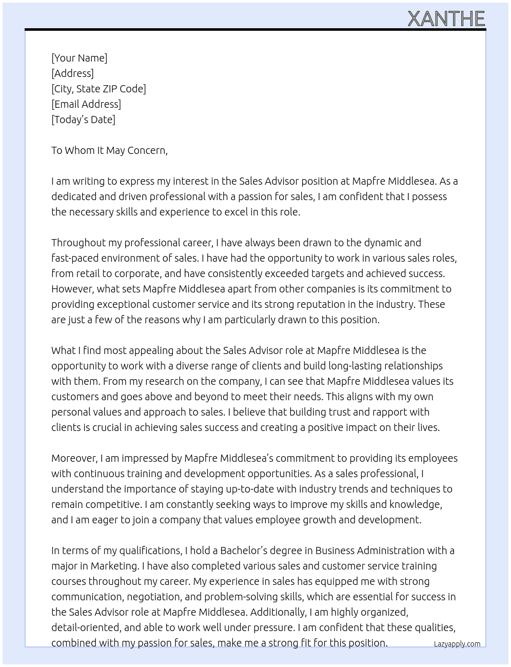 Sales Advisor  At Mapfre Middlesea Cover Letter