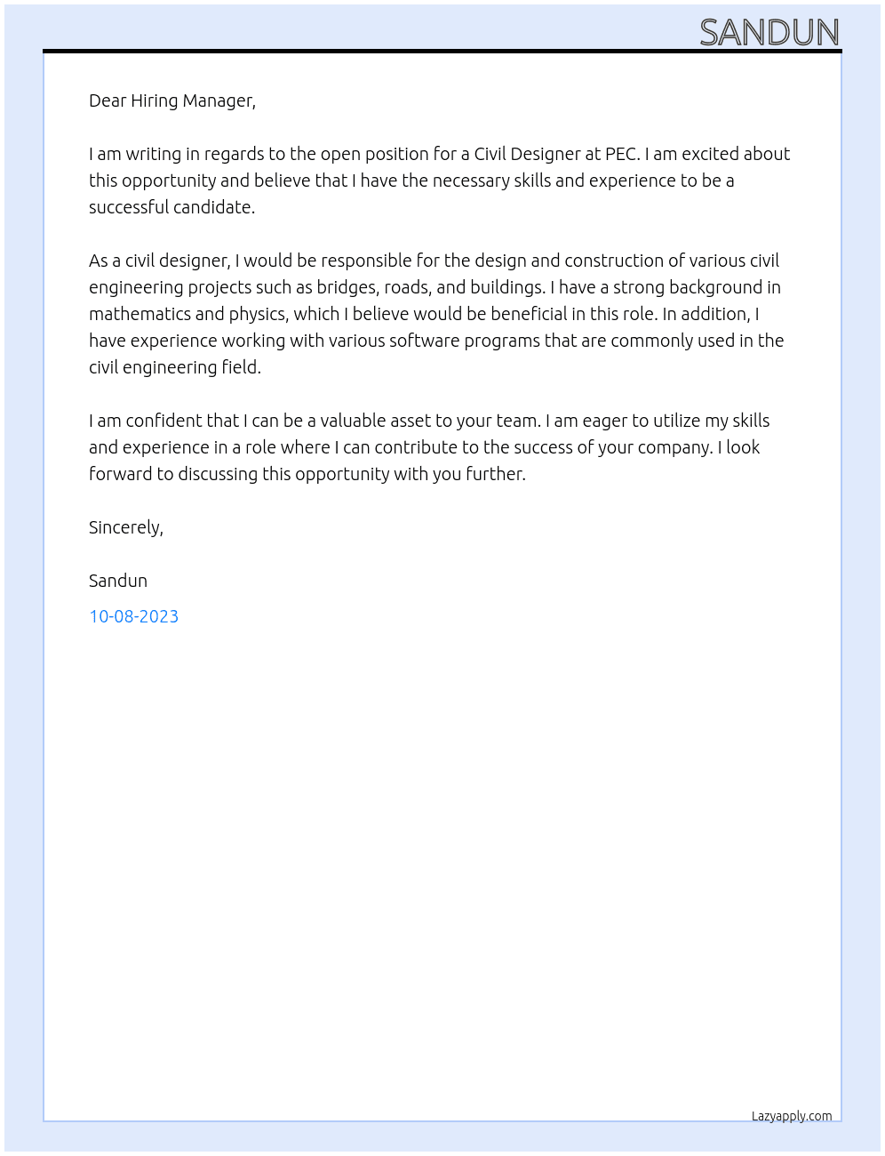 Civil Designer At PEC Cover Letter