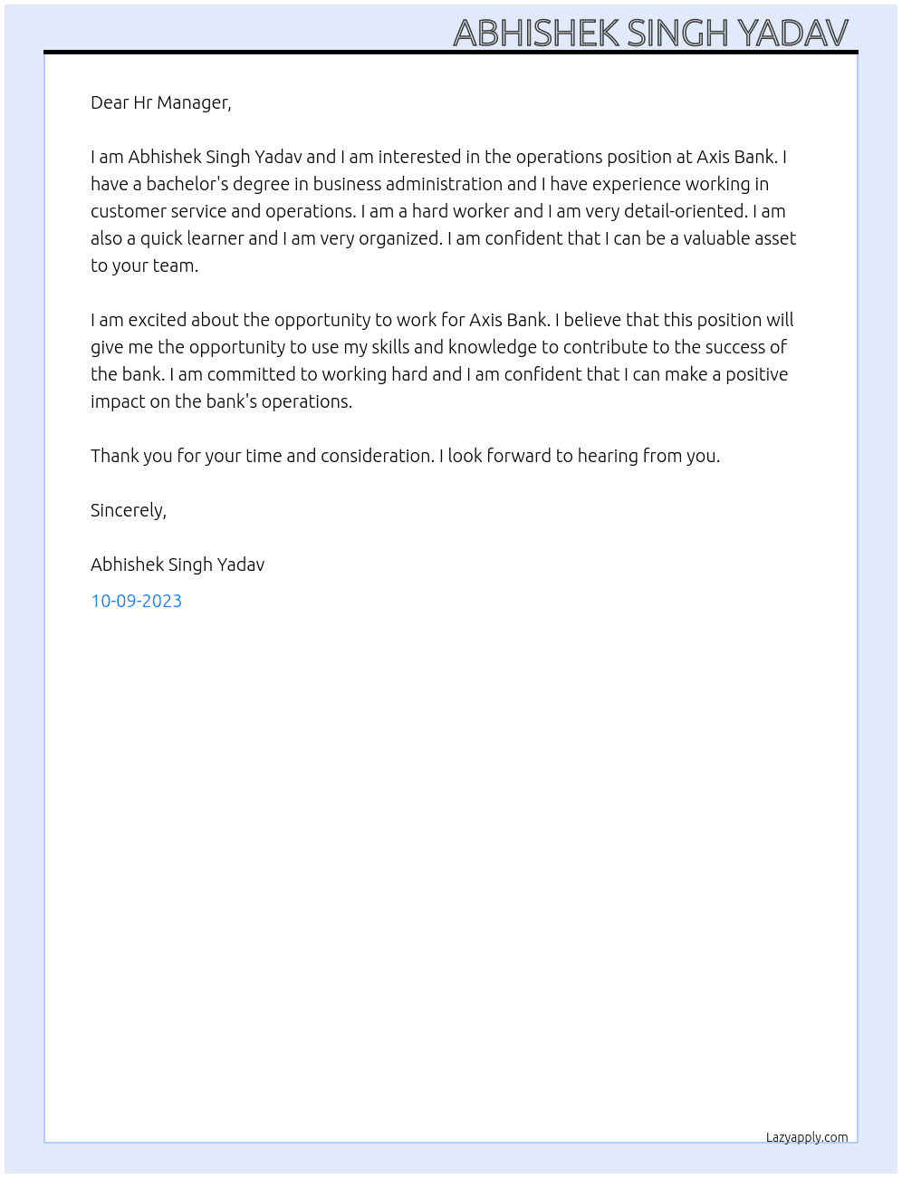 operations  At Axis Bank Cover Letter