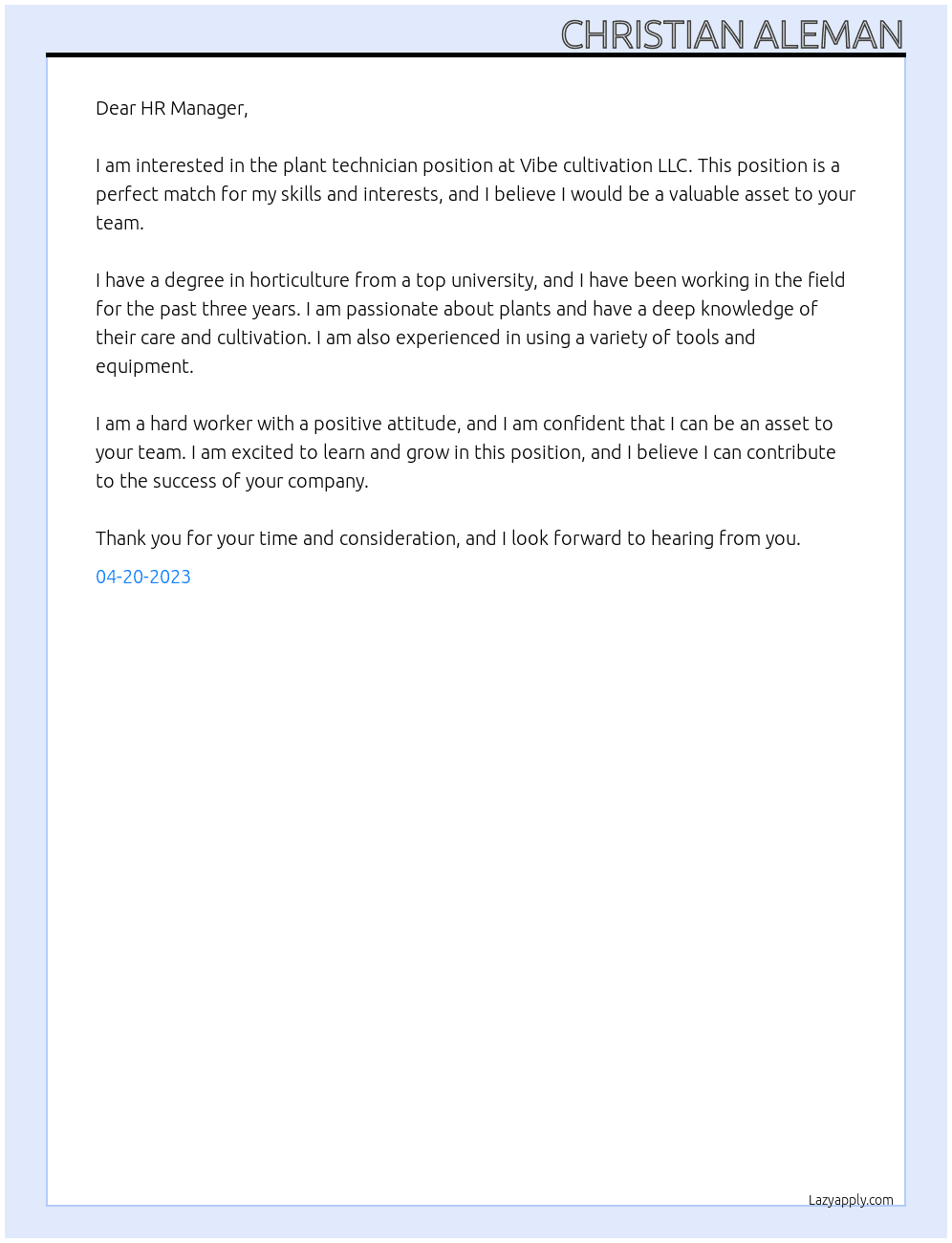 Plant technician At Vibe cultivation LLC Cover Letter
