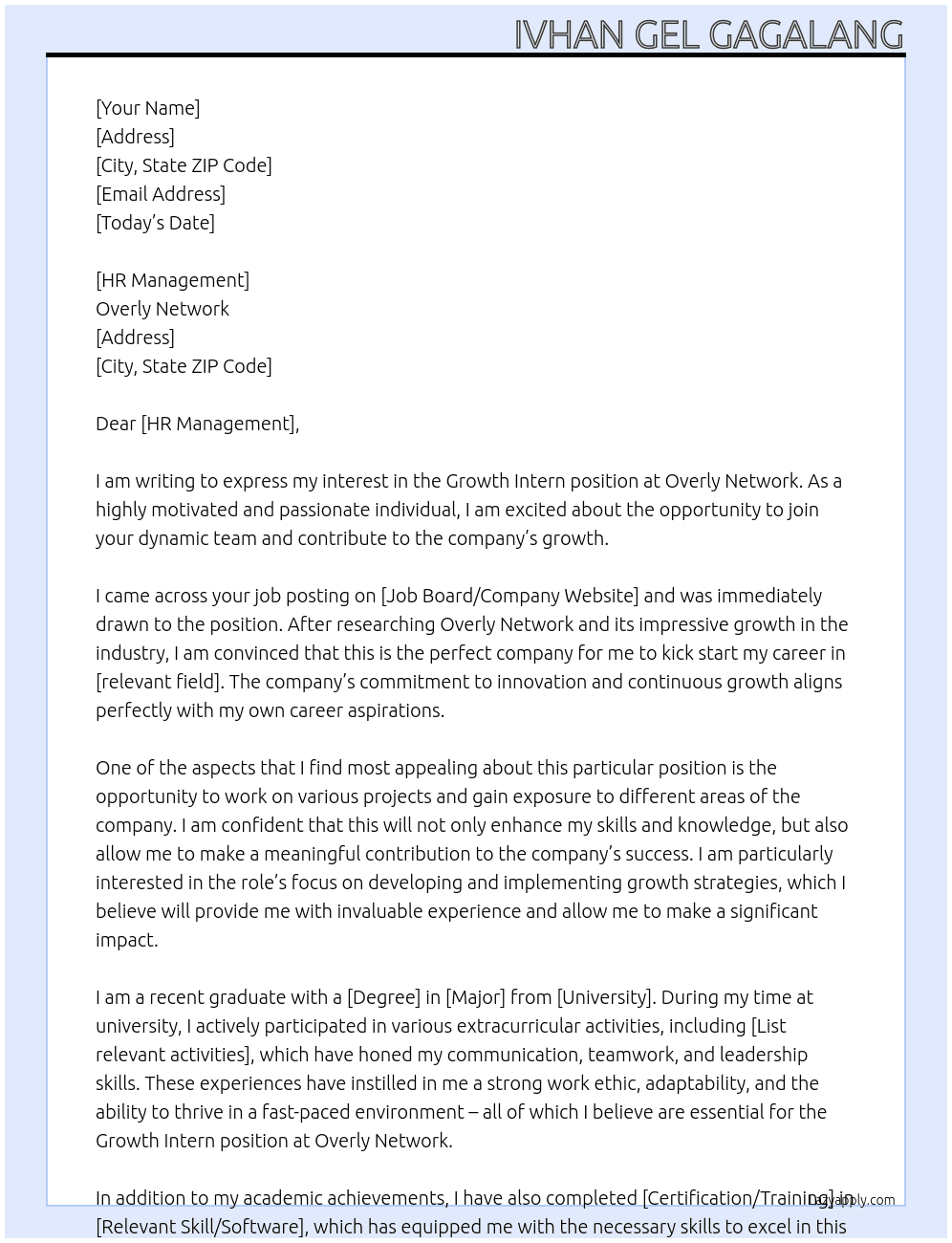 Growth Intern At Overly NEtwork Cover Letter