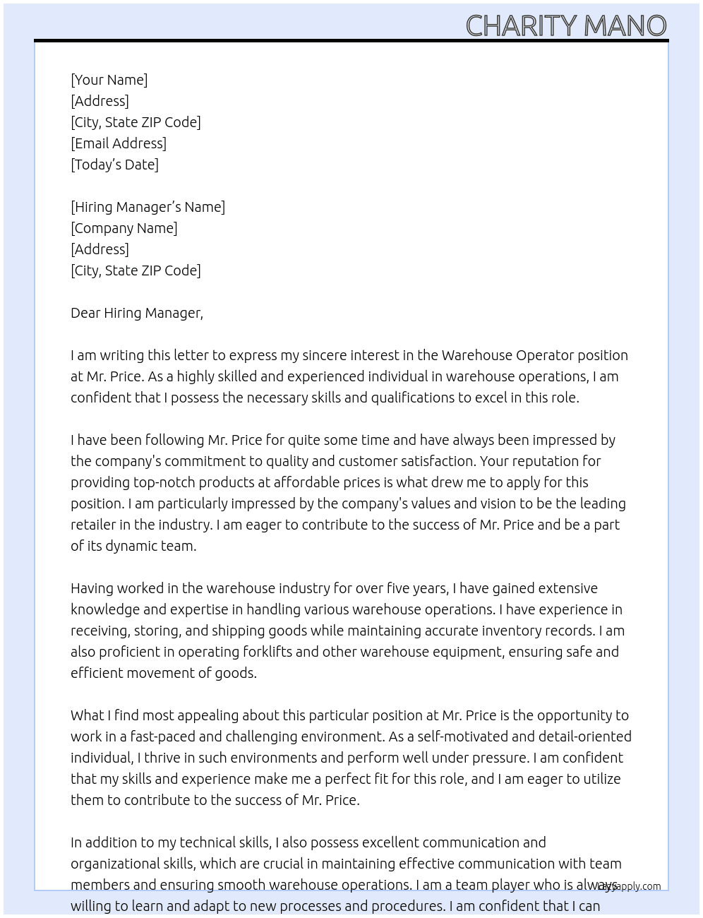 warehouse operator At Mr. Price  Cover Letter