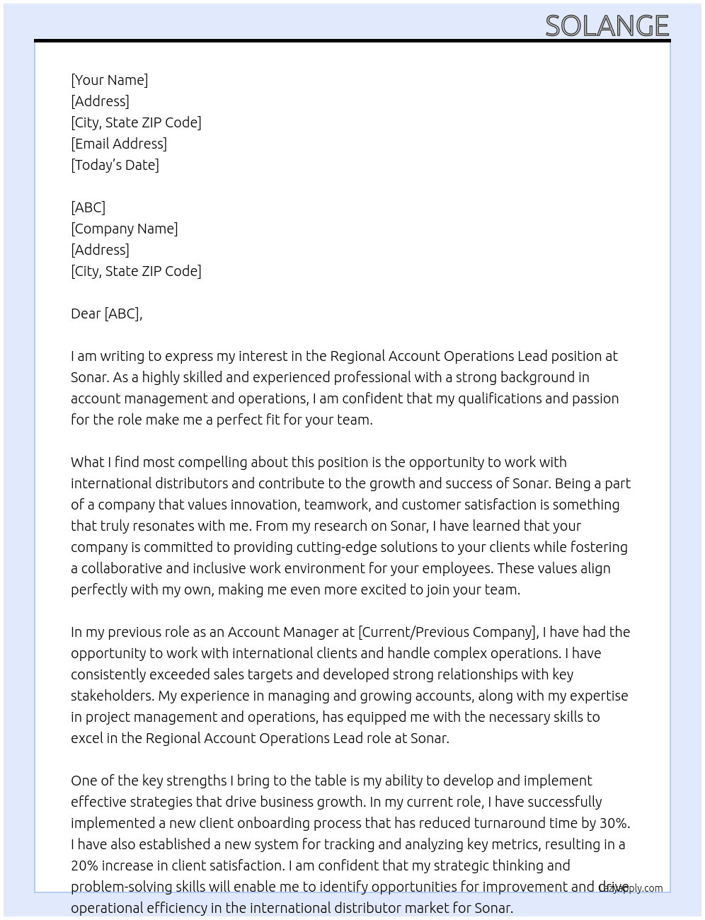 Regional Account Operations Lead - Intl. Distributors At Sonar Cover Letter