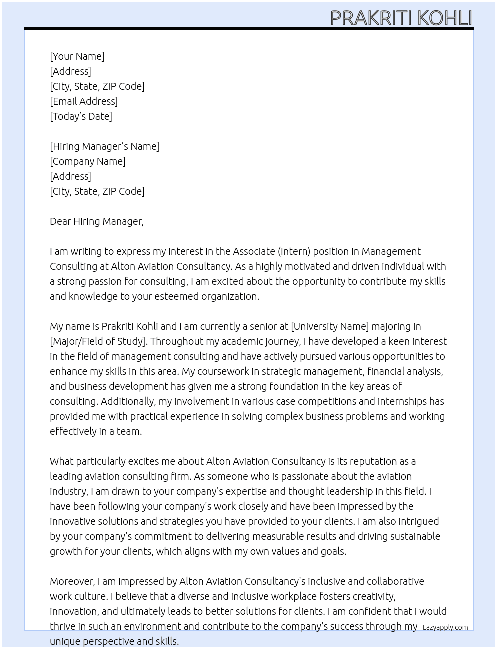 Associate (Intern), Management Consulting At Alton Aviation Consultancy  Cover Letter