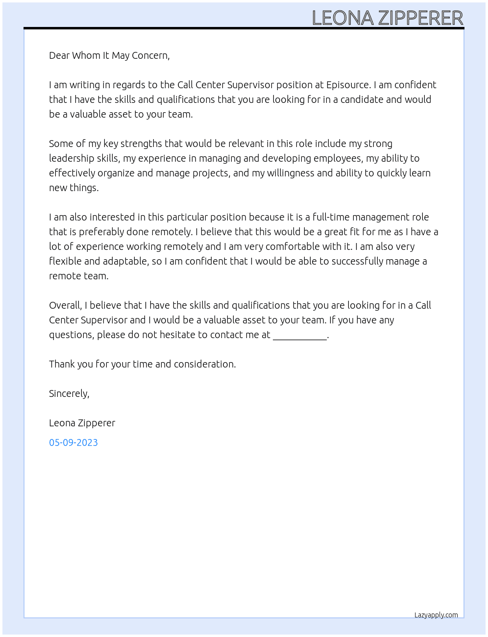 Call Center Supervisor At Episource Cover Letter
