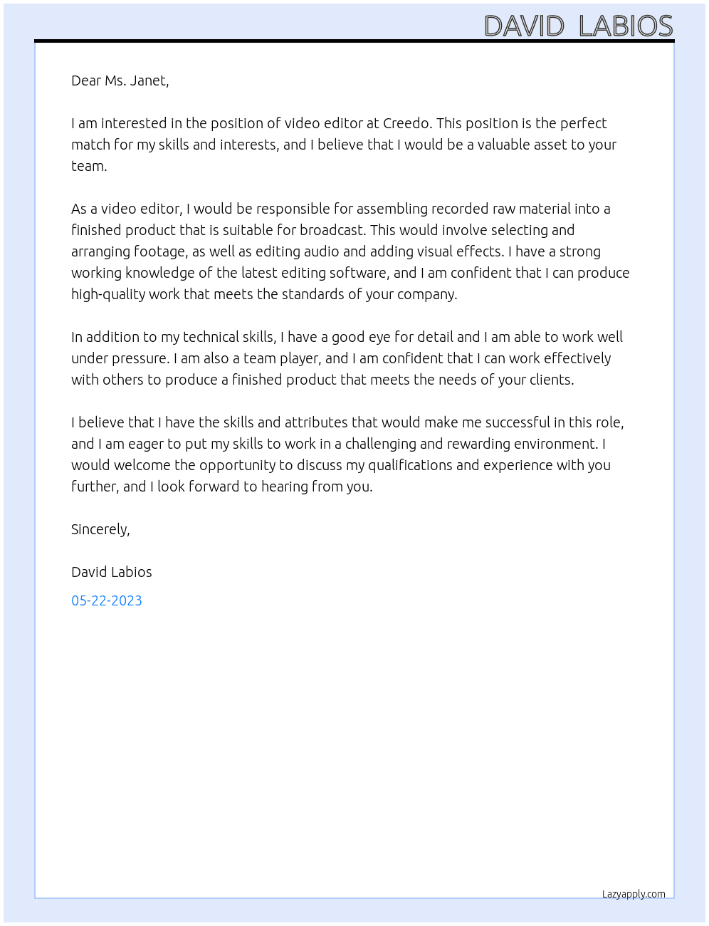 Video Editor At Creedo Cover Letter