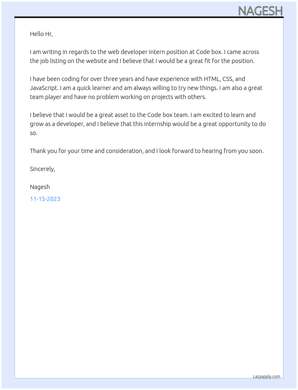 Web Developer Intern At Code box Cover Letter