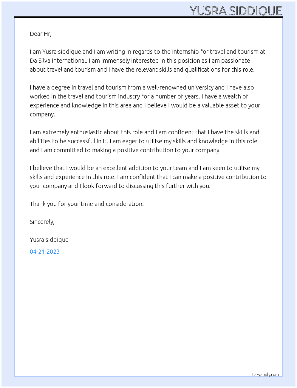 Internship for travel and tourism At Da Silva international Cover Letter