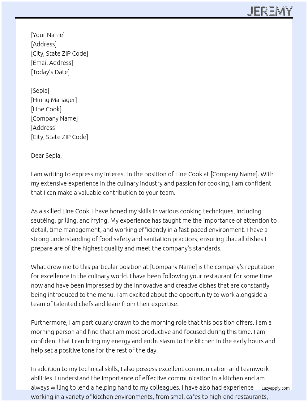 Line cook  At Line cook  Cover Letter