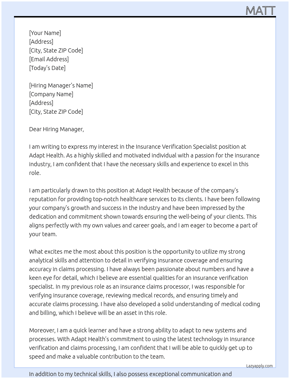 Insurance Verification Specialist At Adapt Health Cover Letter