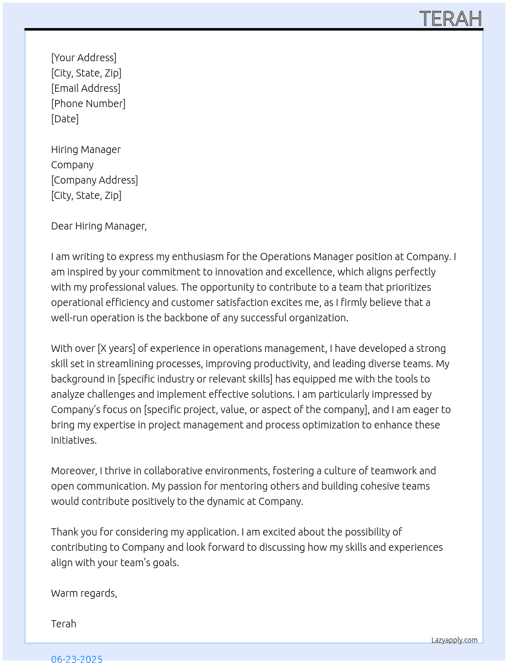Operations Manager At Company Cover Letter
