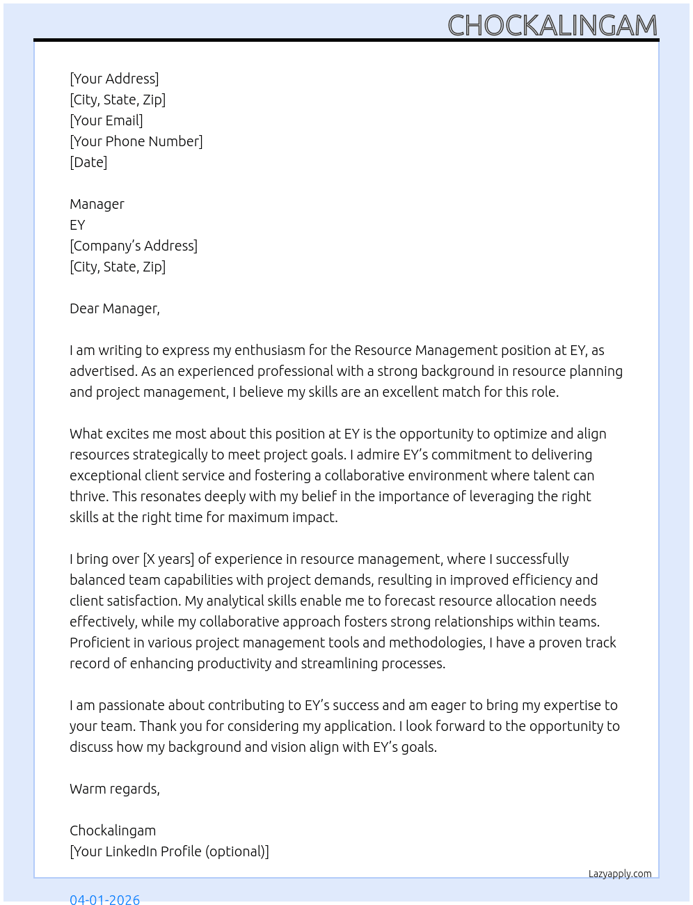 Resource Management At EY Cover Letter