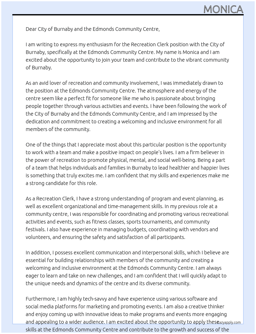 Recreation clerk  At Edmonds Community Centre Cover Letter