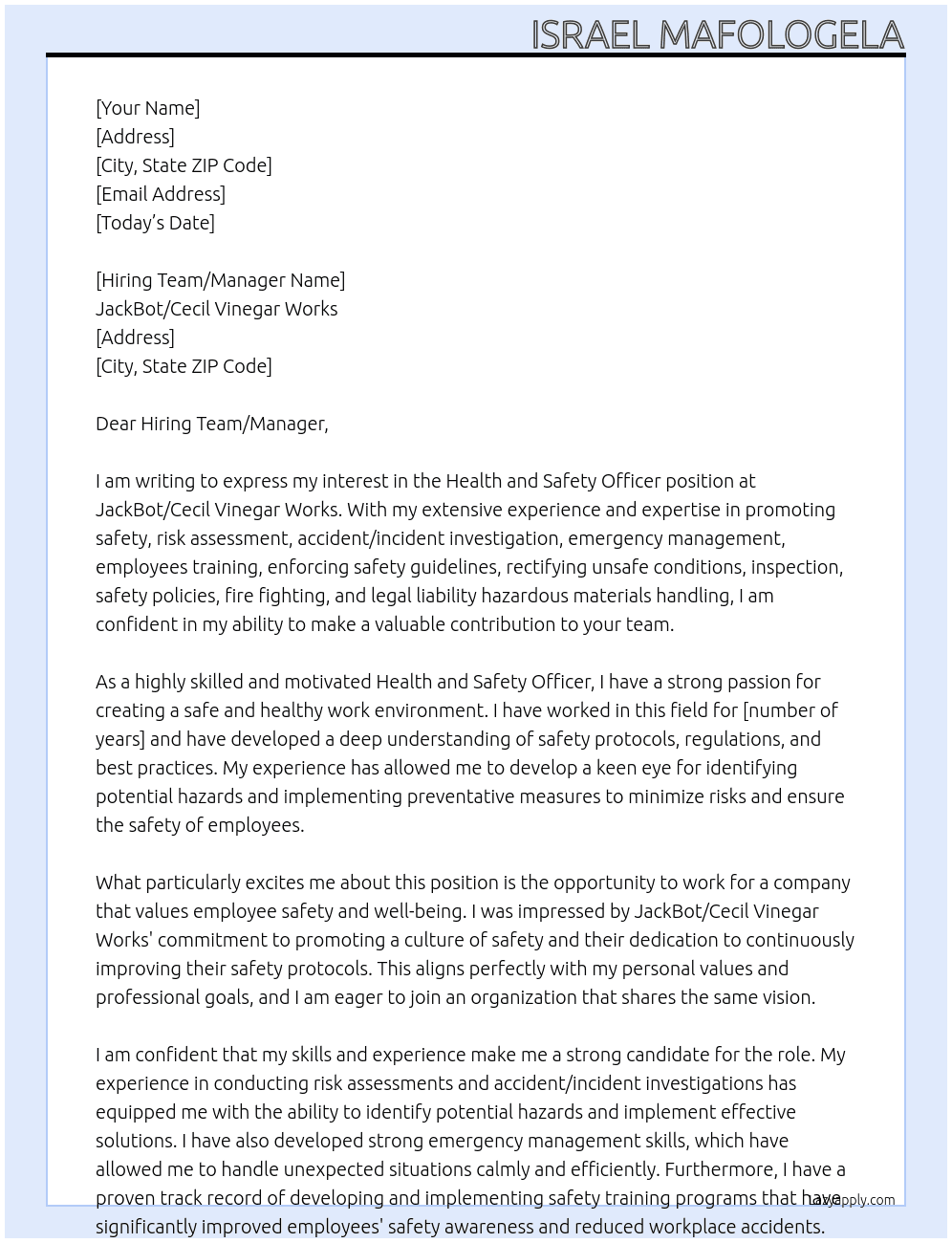 Health and Safety Officer At JackBot / Cecil Vinegar Works Cover Letter