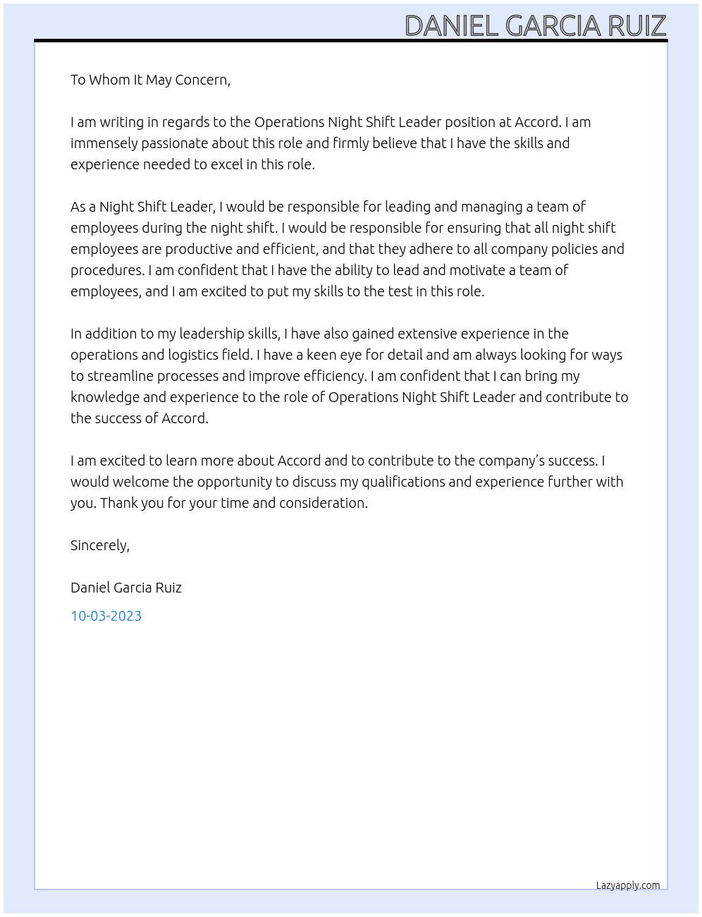 Operation Night Shift Leader At Accord Cover Letter