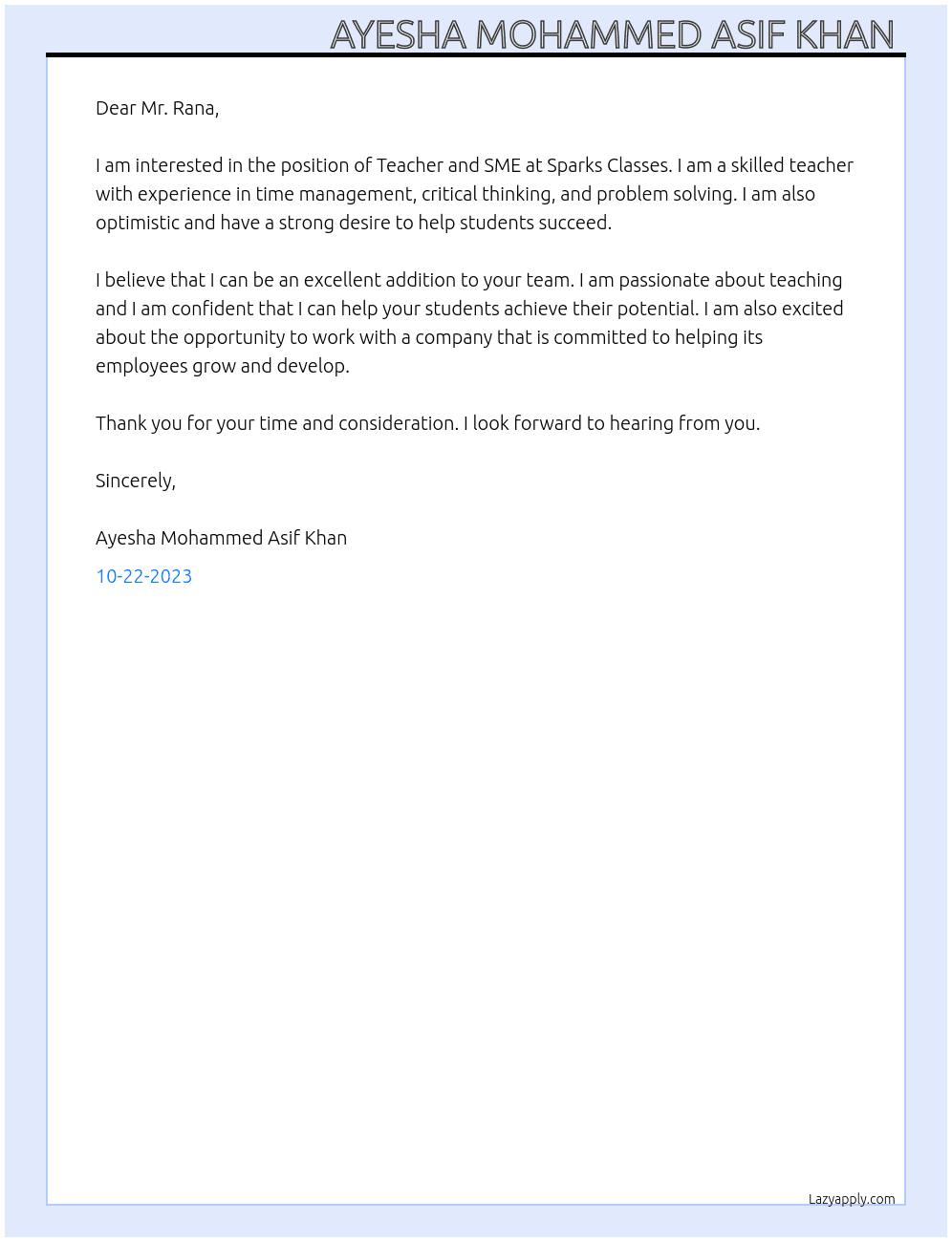 TEACHER AND SME At Sparks Classes Cover Letter