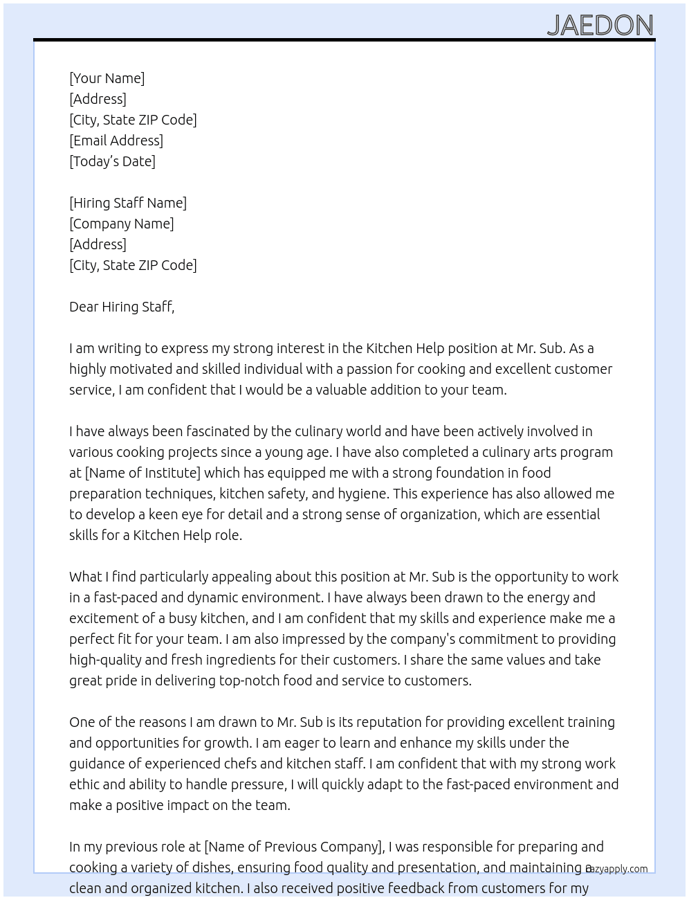 Kitchen Help At Mr. Sub Cover Letter