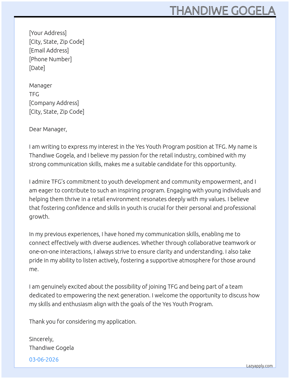 Yes youth program  At Tfg Cover Letter