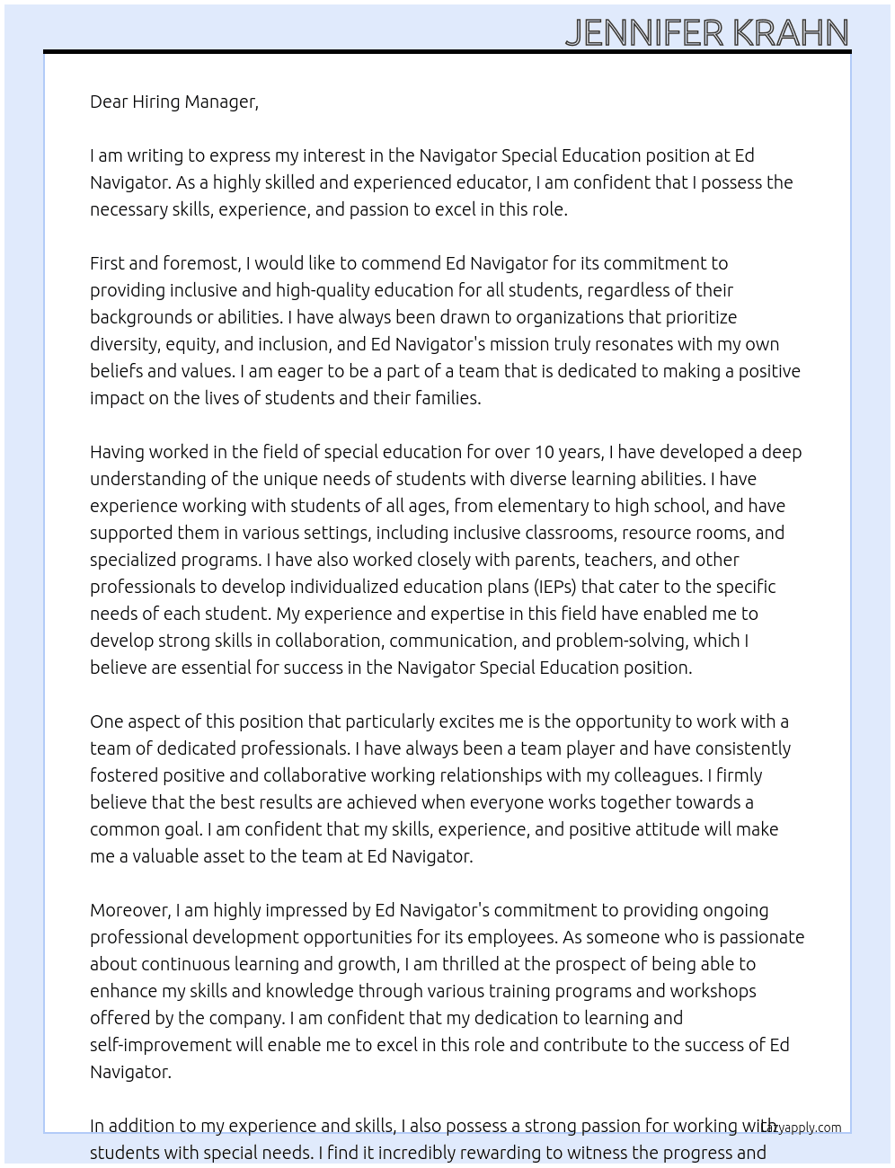 Navigator Special education  At Ed Navigator  Cover Letter