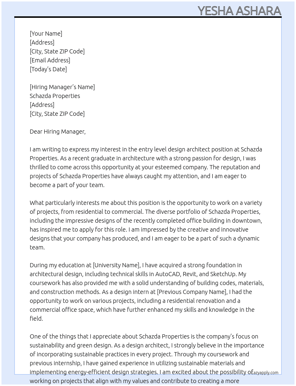 entry level design architect At Schazda Properties  Cover Letter