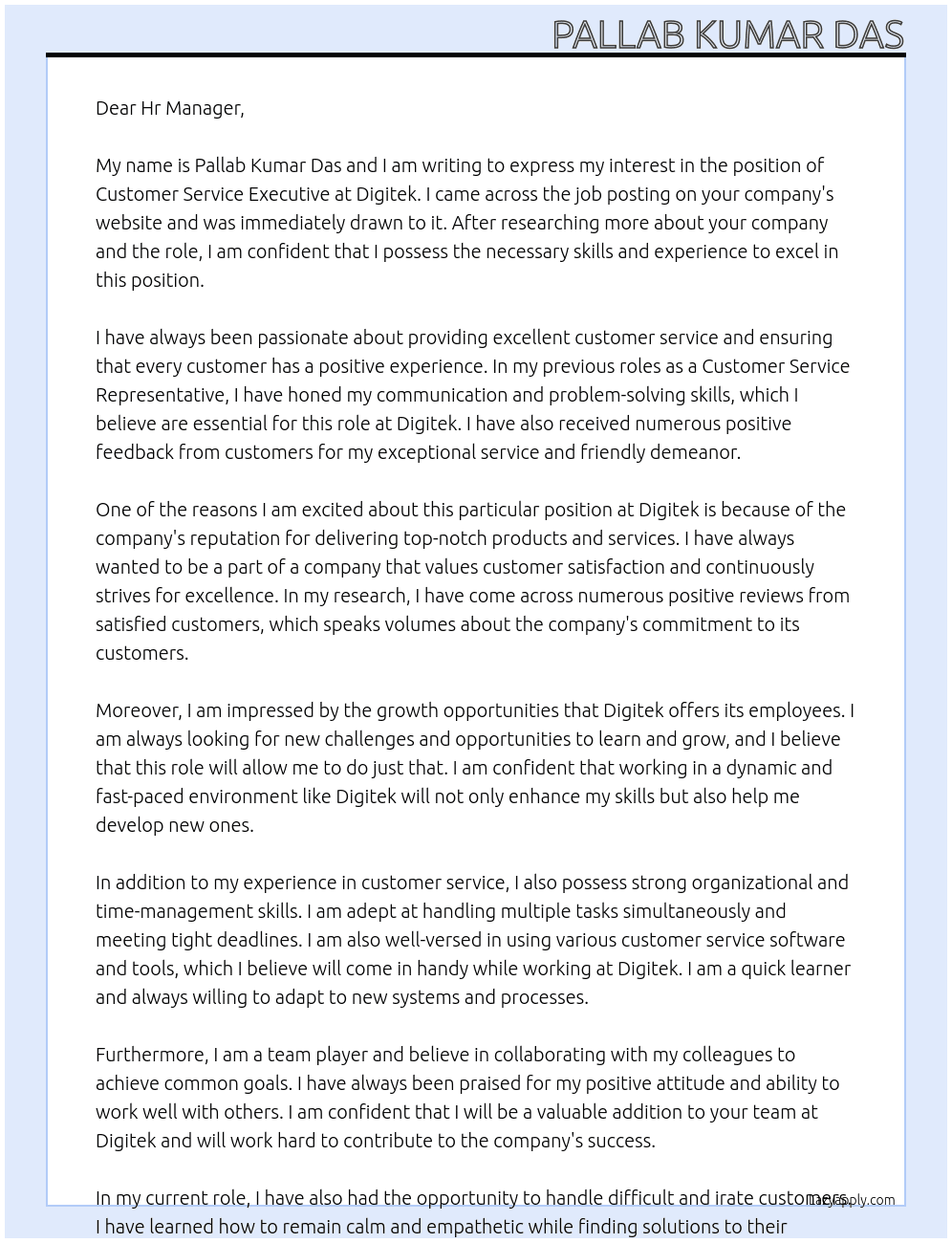 Coustomer service executive  At Digitek Cover Letter