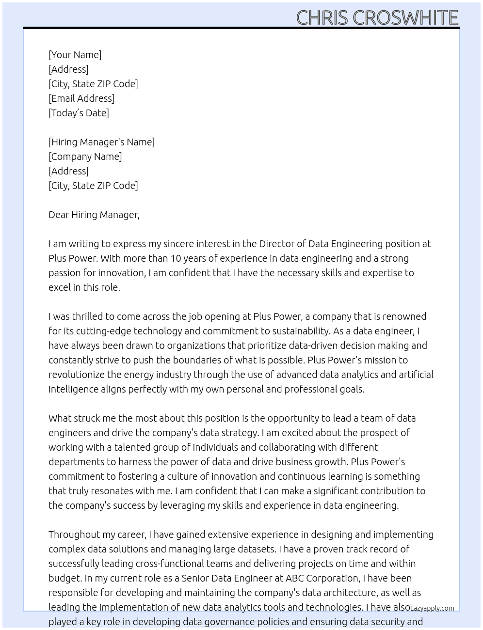 Director Of Data Engineering At Plus Power Cover Letter