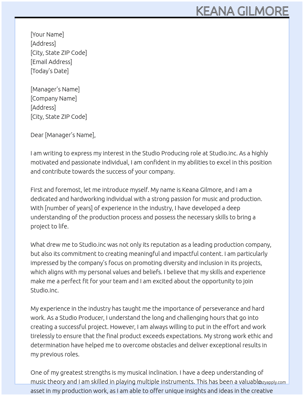 Studio Producing At Studio.inc Cover Letter