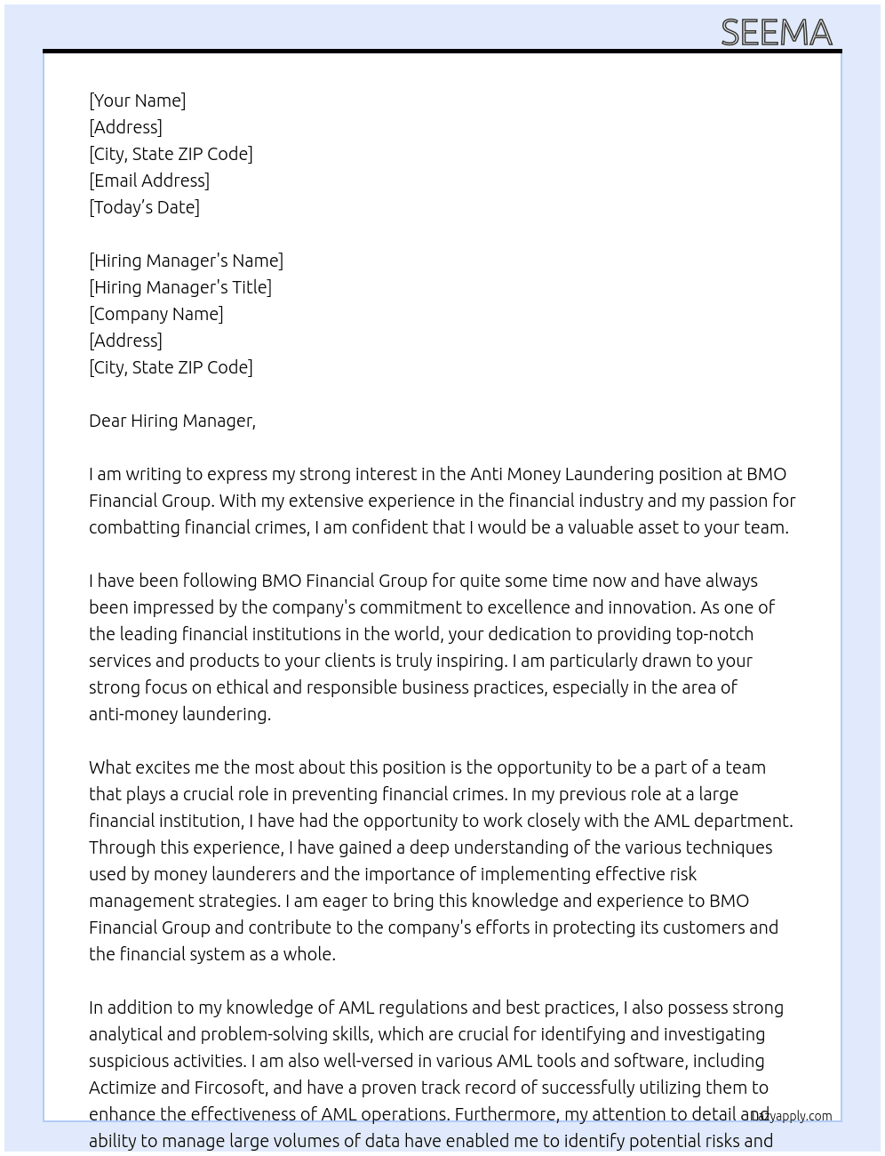 Anti Money Laundering  At BMO Financial Group Cover Letter