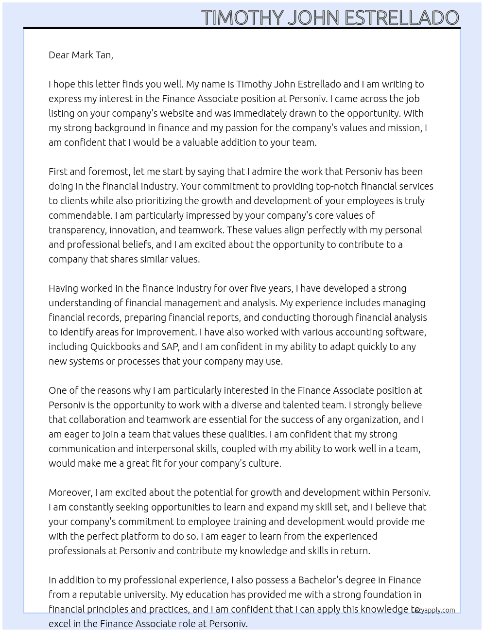 Finance Associate At Personiv Cover Letter