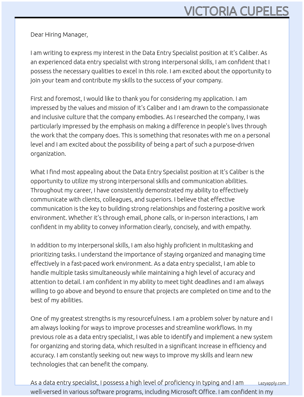 Data Entry Specialist  At It's Caliber Cover Letter