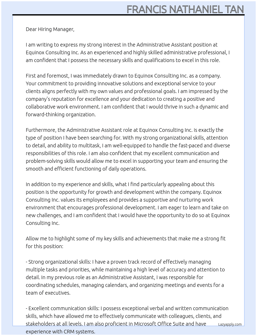 administrative assistant At Equinox Consulting Inc. Cover Letter