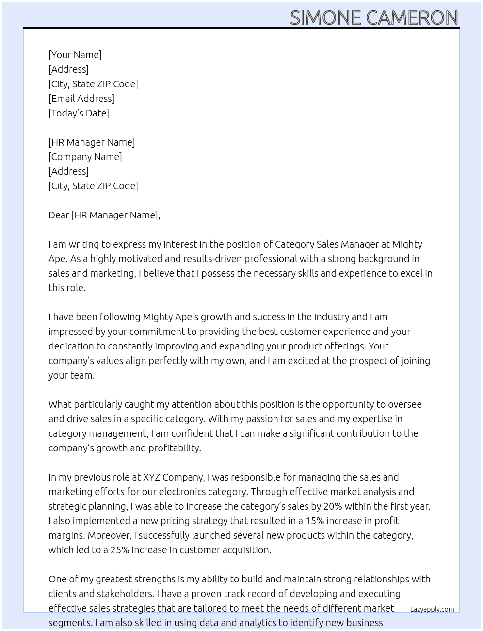 Category Sales Manager At Mighty Ape Cover Letter