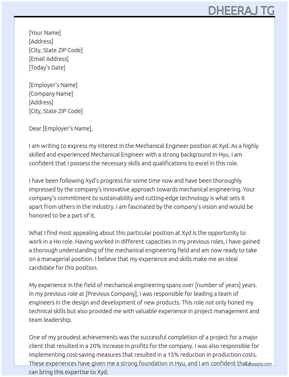 Mechanical engineer At Xyd Cover Letter