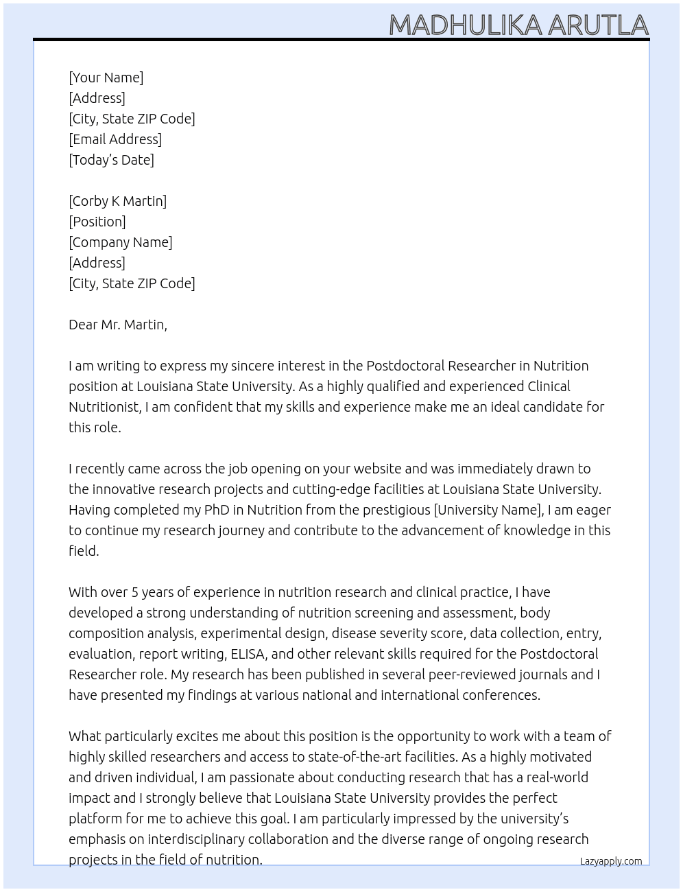 Postdoctoral Researcher in Nutrition At Louisiana State University Cover Letter