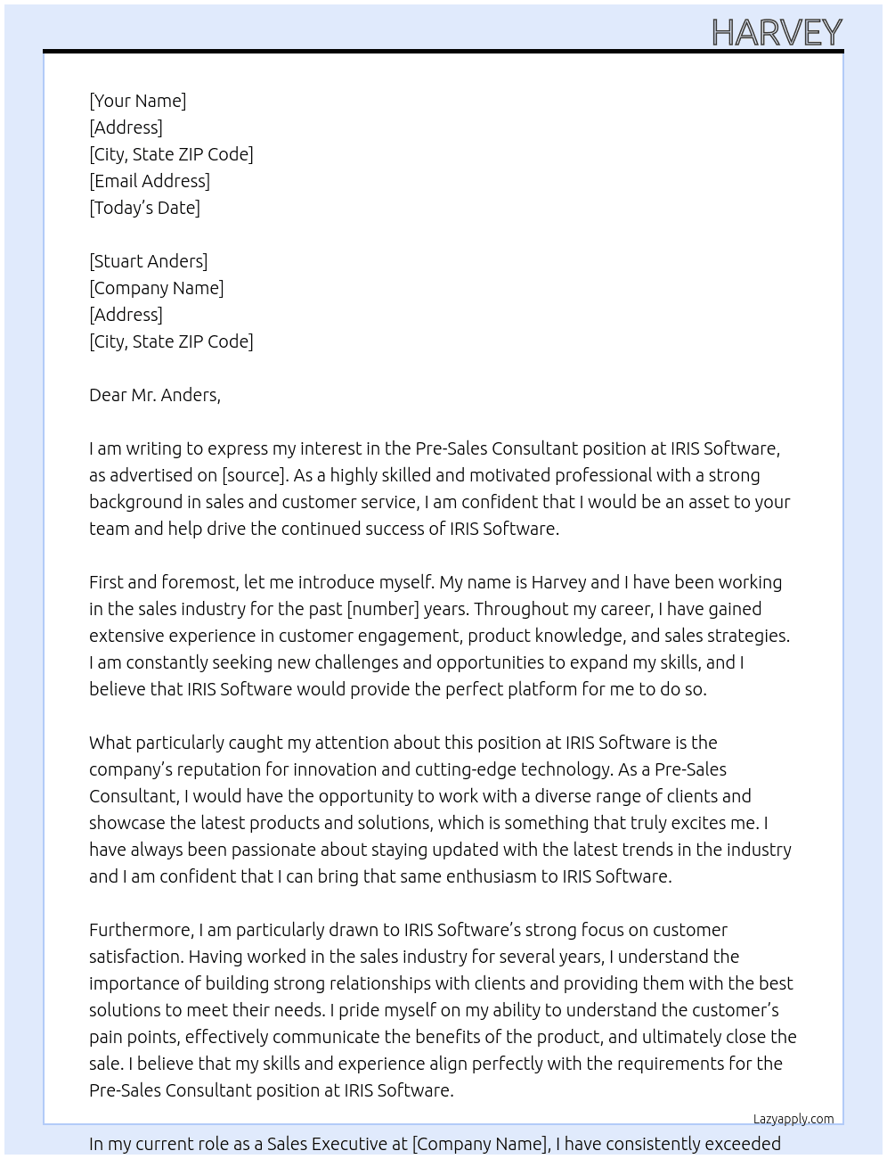 pre sales consultant At IRIS Software Cover Letter